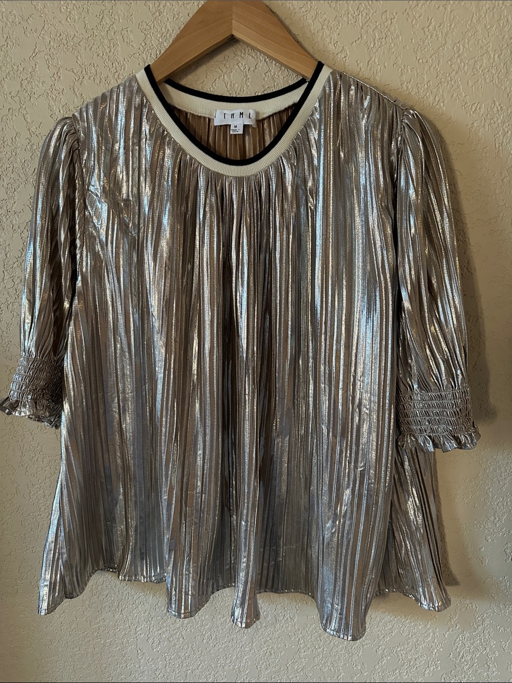 THML Metallic Pleated Short Sleeve Blouse - Gold